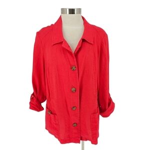 Coldwater Creek Jacket Linen Red Roll Tab Sleeve Button Up Lightweight 14